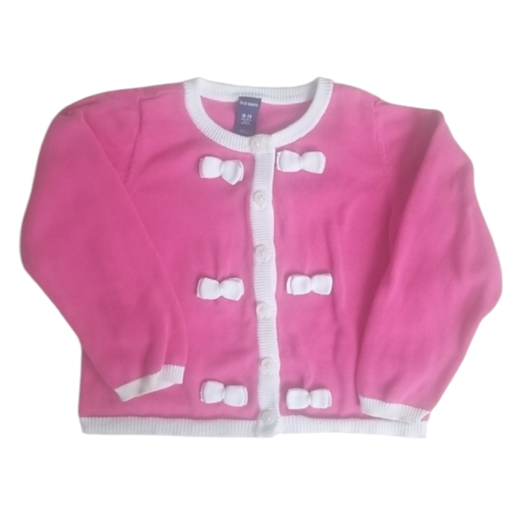 Old Navy Hot Pink Knitted Cardigan Sweater with Bows SZ 18-24 Months